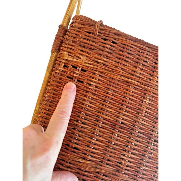 Vintage Coated Wicker Hinged Lidded Basket Stationary Handle Rectangle Storage - Picture 7 of 15
